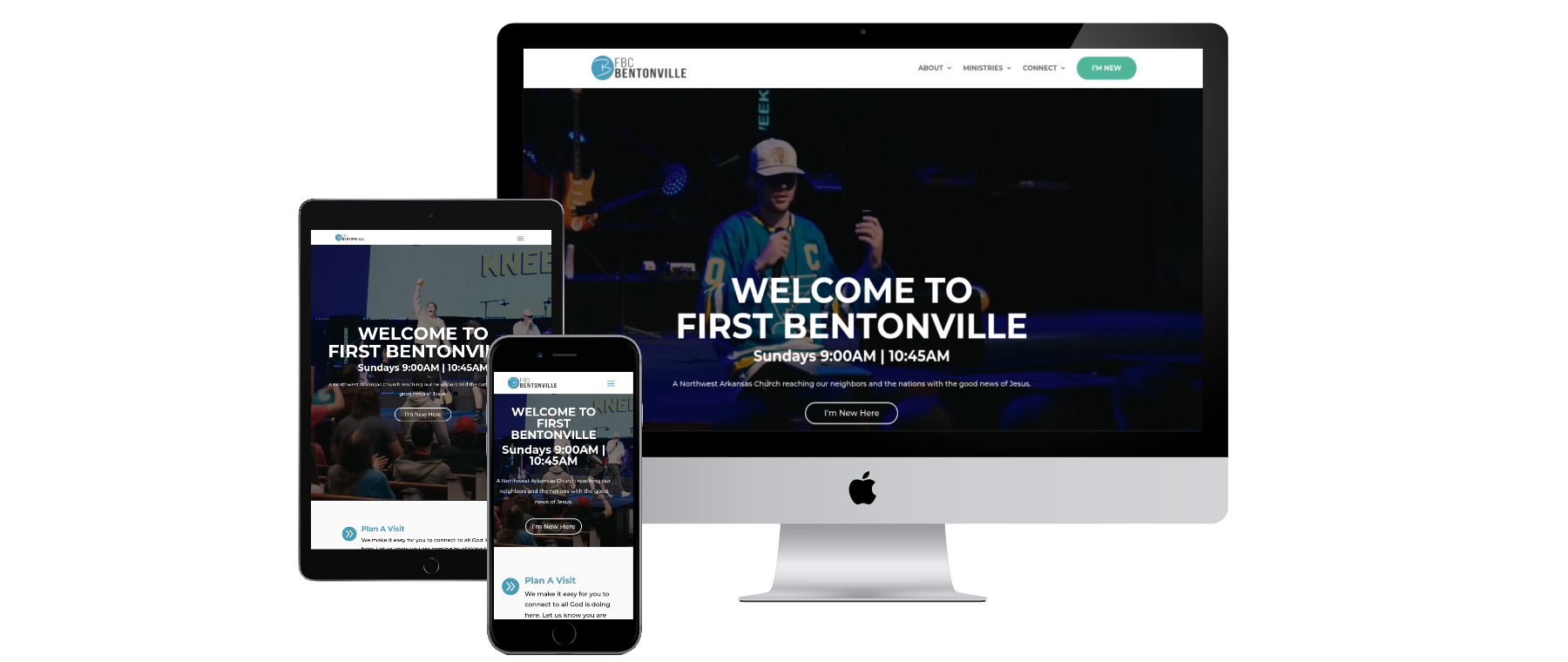 First Baptist Bentonville website with three devices